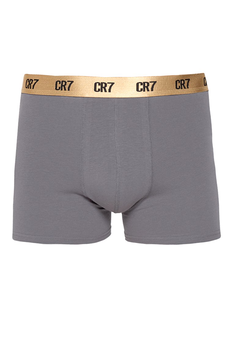 Graue Boxershorts aus weichem Material mit einem goldenen Bund, der mit "CR7" in Schwarz beschriftet ist. Das Design ist eng anliegend und minimalistisch.