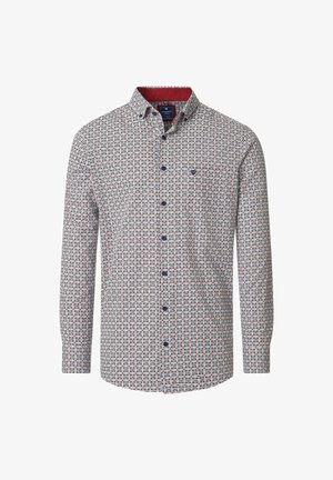 Herre langærmet skjorte med knapper, prydet med små, flerfarvede firkantede mønstre, krave med knapper, og logo-broderi på brystet.