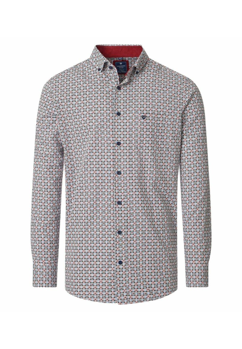 Heren overhemd met lange mouwen, knopenrij met kleine multikleurige vierkante patronen, button-down kraag en geborduurd logo op de borst.