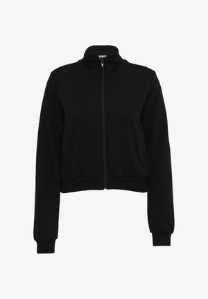 Svart kort zip-jakke med høy krage, lange ermer, ribbede mansjetter og linning. Glatt stoff med minimal detaljering.