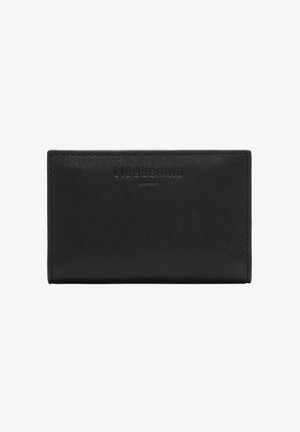 Portefeuille rectangulaire en cuir noir avec bords cousus et logo "Liebeskind Berlin" embossé au centre de l'avant.