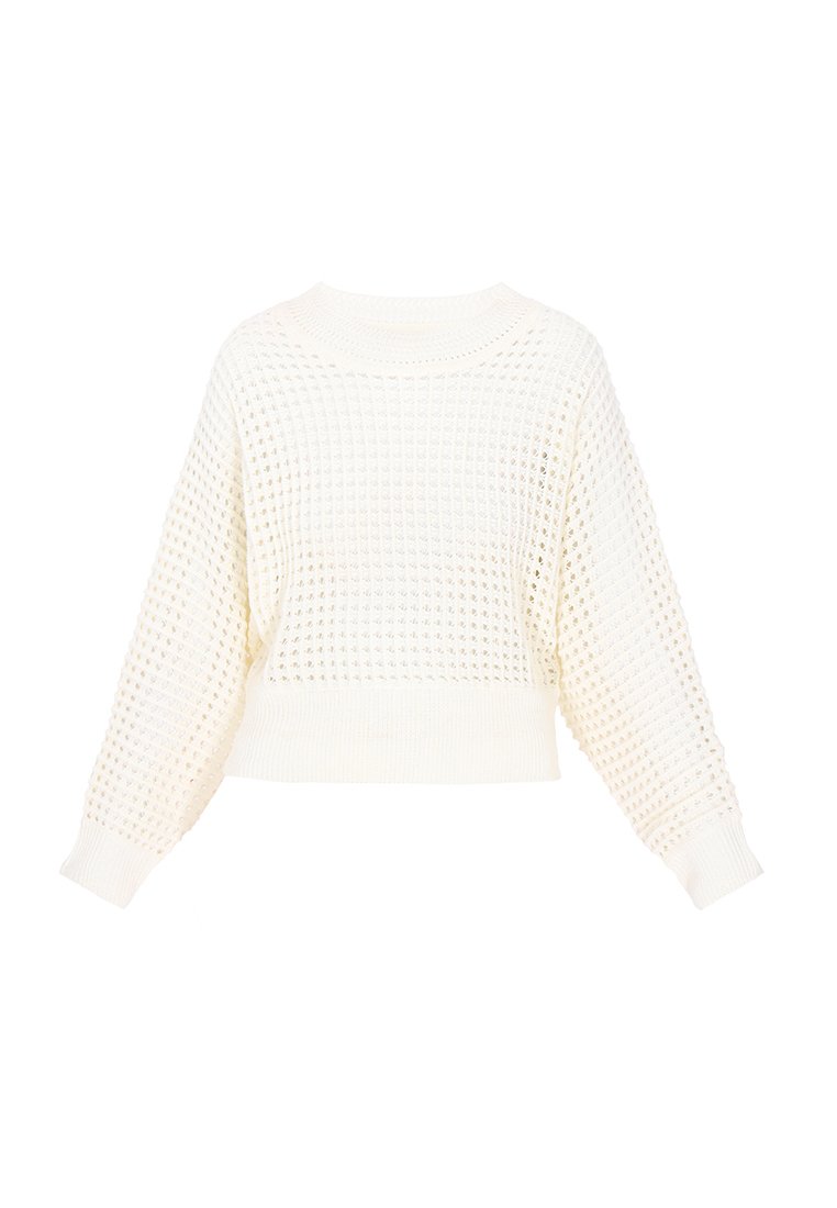 Suéter de punto color crema con un ajuste holgado, que presenta un patrón de tejido texturizado y abierto, junto con puños y dobladillo acanalados.