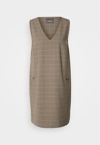 Robe sans manches à carreaux beige avec col en V, deux poches avant fermées par des boutons, longueur genou, coupe droite.
