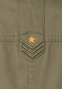 Grüner Stoff mit gesticktem Abzeichen, das einen goldenen Stern und den Text "SCHOTT NYC" zeigt. Ein Chevron-Muster in dunklerem Grün unterhalb des Sterns.