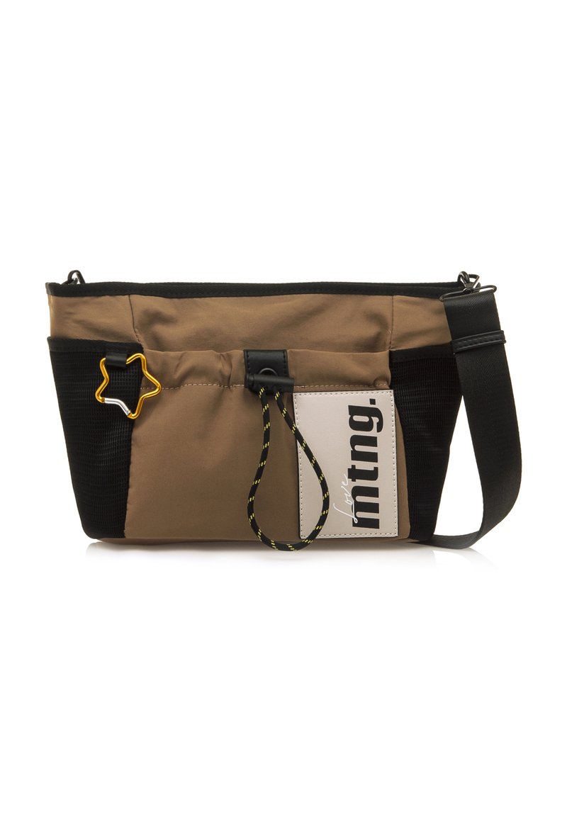 Borsa a tracolla in tessuto marrone e nero con zip, dettaglio a forma di stella, cordino elastico e patch con logo. Inclusa una tracolla regolabile.