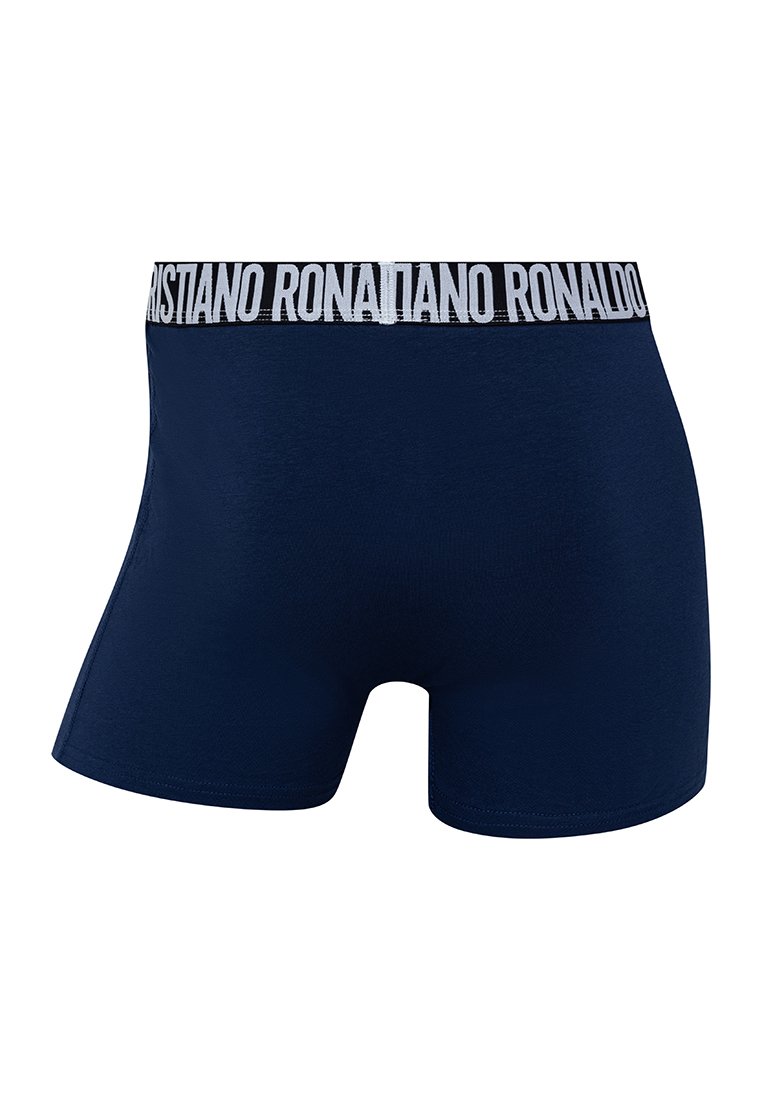 Boxers azul marino hechos de tela elástica, con una cinturilla elástica en blanco y negro con "CRISTIANO RONALDO" impreso.