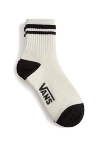 Weiße gerippte Socke mit schwarzen Zehen- und Fersenakzenten, die oben zwei schwarze horizontale Streifen und ein schwarzes Vans-Logo aufweist.