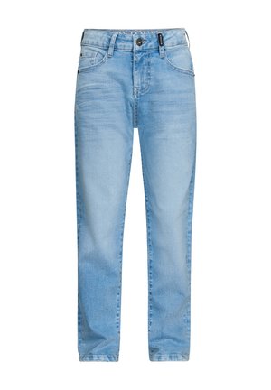 Helleblaue Jeans aus Denim mit geradem Schnitt, fünf Taschen und einem Knopfverschluss. Abgenutzte Optik und minimalistische Markierung am Bund.