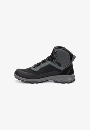 Bota de senderismo negra y gris de corte medio con cierre de cordones, cuello acolchado, puntera reforzada y suela de goma texturizada para tracción.