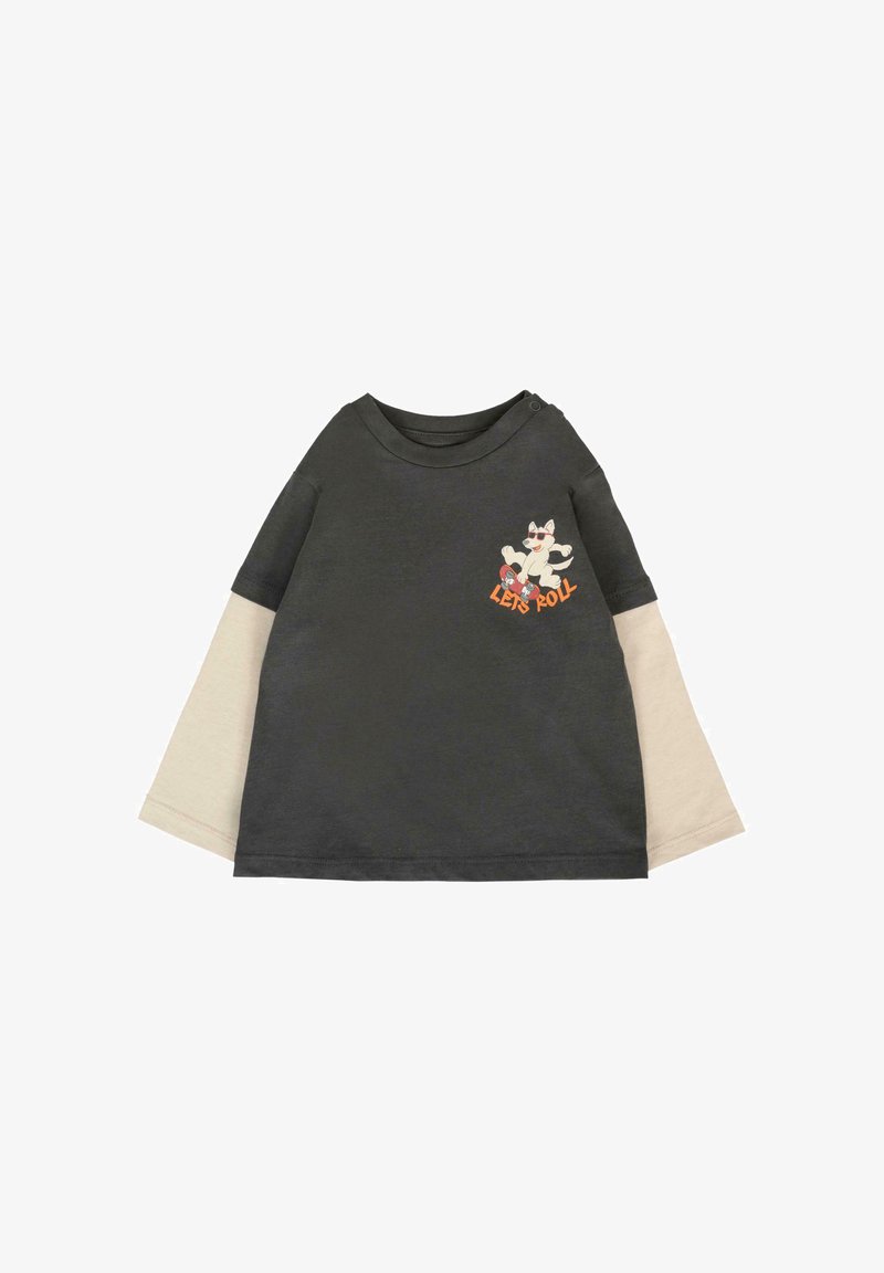 T-shirt a maniche lunghe in cotone con corpo grigio scuro e maniche beige chiaro, caratterizzato da un cane cartone animato giocoso e la scritta "LET'S ROLL" sul davanti.