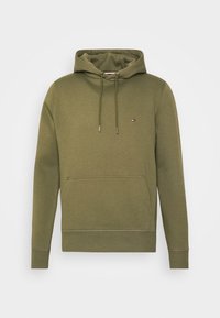 Felpa con cappuccio verde oliva in misto cotone, con tasca frontale, cappuccio regolabile con cordino e piccolo logo sul petto.