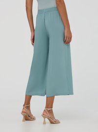 Pantaloni larghi in morbido tessuto teal, con una cintura elastica e orlo che termina appena sotto le caviglie, abbinati a tacchi a spillo beige.