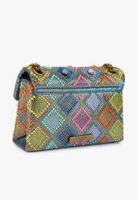 Multicolored beaded handbag with a geometric diamond pattern, featuring a chain handle and a metallic clasp. Blue base with vibrant accents.