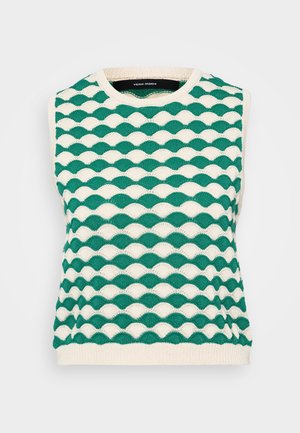 Kötött ujjatlan pulóver, amely hullámos mintával készült zöld és krém színben. Kerek nyakkivágás, bordás szegéllyel és texturált anyaggal.