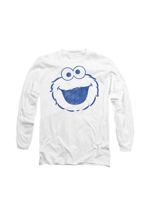White long-sleeve shirt with a large blue smiling face featuring round eyes and an open mouth on the front.