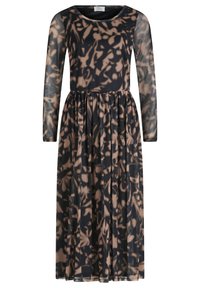 Langärmliges Kleid in Schwarz mit einem beigen Blumenmuster. Hergestellt aus leichtem Stoff, verfügt es über ein tailliertes Oberteil und einen fließenden Rock.