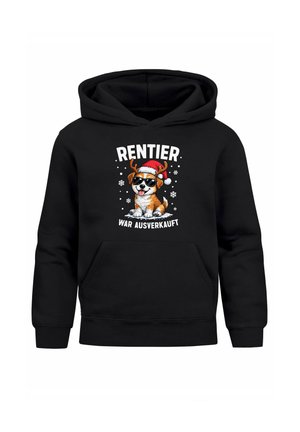 Schwarzer Hoodie mit einer Grafik eines Hundes, der eine Sonnenbrille, Geweih und einen Weihnachtsmannhut trägt, mit dem Text "RENTIER WAR AUSVERKAUFT" darüber und darunter.