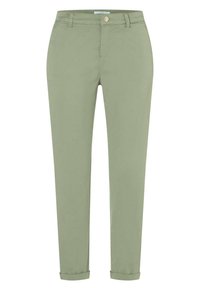 Lichtgroene, lichte broek met een rechte pijpdesign, voorzien van een sluiting met een knoop aan de voorkant en opgerolde zomen voor een casual uitstraling.