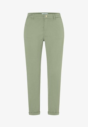 Hellgrüne, leichte Hose mit geradem Bein, ausgestattet mit einem Frontknopfverschluss und umgeschlagenen Säumen für einen lässigen Look.