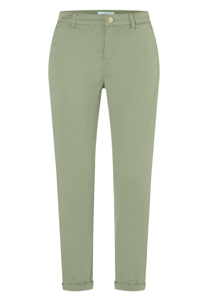 Lichtgroene, lichte broek met een rechte pijpdesign, voorzien van een sluiting met een knoop aan de voorkant en opgerolde zomen voor een casual uitstraling.