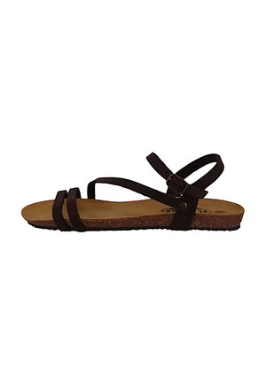 Brown leather sandal with two front straps, ankle strap with a buckle, and cork footbed. Flat sole with textured black rubber bottom.