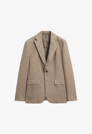 Enkelt-knap beige hørblazer med notched revers og to forlommer med klap, vist på en hvid baggrund.