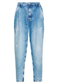 Jeans in denim blu a vita alta con un finish sbiadito, dettagli strappati e una vestibilità rilassata, caratterizzati da un classico design a cinque tasche e chiusura con cerniera.