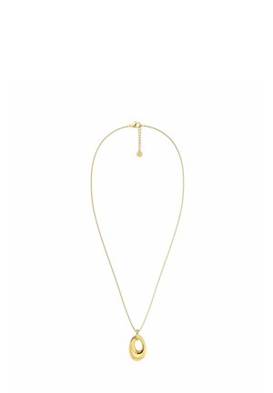 Hieno kultainen ketjukaulakoru, jossa abstrakti, kiillotettu kultainen kyynelpisaran muotoinen riipus ja säädettävä lukko.