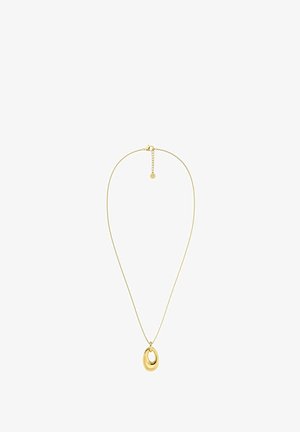 Delikatus auksinis grandinėlės kaklo papuošalas su abstrakčiu, poliruotu auksiniu lašo formos pakabuku ir reguliuojama užsegimo sistema.
