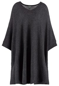 Poncho en maille gris foncé avec manches larges et encolure ronde, coupe ample, poignets côtelés et longueur mi-cuisse.