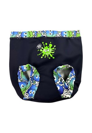Il pannolino da nuoto nero presenta un motivo astratto colorato in blu, verde e bianco, con una grafica splendente verde brillante sul davanti.
