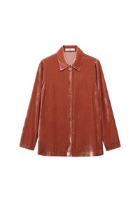 Camicia a maniche lunghe di colore ruggine, realizzata in un tessuto morbido e texturizzato. Presenta un colletto a punta e una chiusura con bottoni.