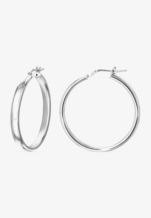 Orecchini a cerchio in argento con finitura lucida, caratterizzati da un design semplice e una chiusura sicura; di dimensioni medie e di forma circolare.