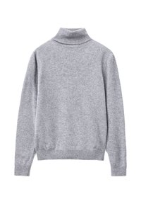 Maglione grigio a collo alto realizzato in un tessuto morbido, con polsini e orlo a coste, texture liscia e vestibilità comoda. Vista dal retro.