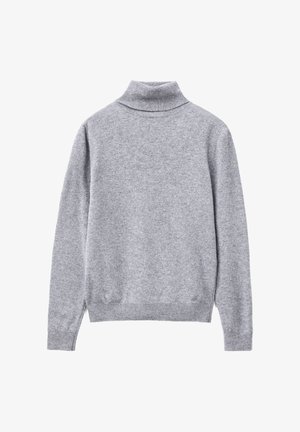 Szary sweter w golfie wykonany z miękkiej tkaniny, z prążkowanymi mankietami i dolnym wykończeniem, gładką fakturą i luźnym krojem. Widok z tyłu.