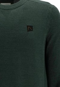 Grüner strukturierter Pullover mit einem gerippten Halsausschnitt. Verfügt über ein kleines schwarzes Etikett mit einem orangefarbenen Logo auf der Brust. Überall gestricktes Muster.