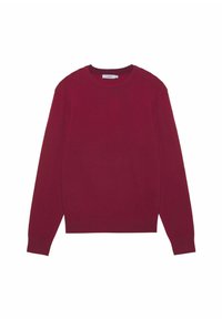 Pull bordeaux à manches longues en tissu doux. Il présente un col rond et des poignets côtelés, une texture lisse sans motifs ni accents supplémentaires.