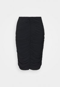 Musta rypytetty kynähame, jossa joustava vyötärönauha ja sivuilla kohokuvioitua kangasta sekä poimuttamista.