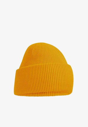 Bright yellow knitted beanie hat with folded cuff, ribbed texture, shown against a white background.