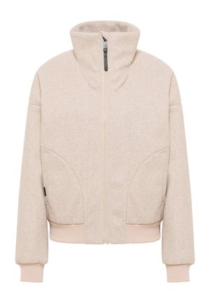 Beige cropped jacket with a high collar, front zip, and ribbed cuffs and hem. Features soft textured fabric and curved side pockets.