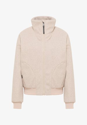 Beige cropped jack met hoge kraag, voorrits en ribgebreide manchetten en zoom. Gemaakt van zachte, gestructureerde stof en voorzien van gebogen zijzakken.