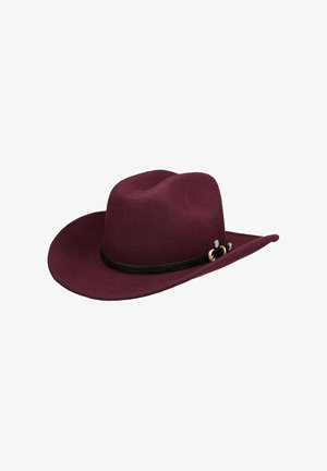 Burgundy felt cowboy hat with a wide brim and a black braided band accented with small gold buckles.