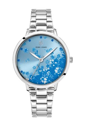 Silberne Edelstahl-Uhr mit einem runden Zifferblatt in blauer Blumenmusterung und silbernen Zeigern. Verfügt über ein verbundenes Metallarmband.