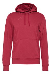 Felpa rossa con cappuccio realizzata in tessuto misto cotone, presenta una tasca frontale, cappuccio con cordino regolabile e polsini a coste sulle maniche e in vita.