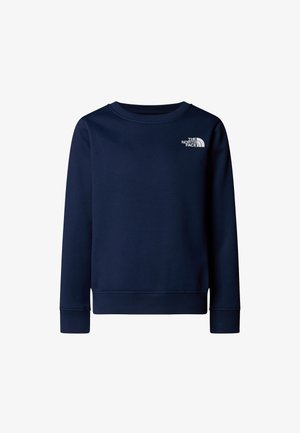 Navy blue sweatshirt made of soft fabric, featuring a round neckline, long sleeves, ribbed cuffs, and a small white logo on the chest.