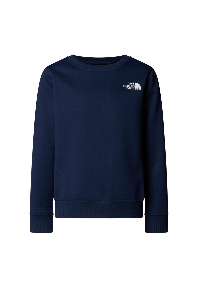 Μπλε ναυτικό φούτερ από απαλό ύφασμα, με στρογγυλή λαιμόκοψη, μακριά μανίκια, ριμπ μανσέτες και μικρό λευκό λογότυπο στο στήθος.