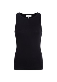Black ribbed tank top with a round neckline and sleeveless design. Made from a soft fabric, featuring a fitted silhouette.