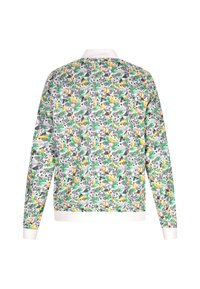 Trui met een meerkleurige print van dieren, fruit en bladeren op een textuurstof, met een witte kraag en boorden.
