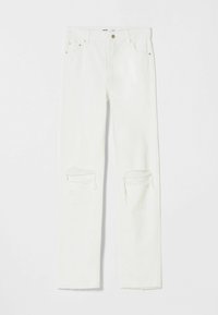 White denim jeans with a straight-leg fit, frayed hems, and two torn patches on the front. Features five-pocket styling and metal buttons.