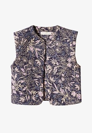 Ärmellose, kurz geschnittene Weste mit abgerundetem Ausschnitt, versehen mit einem dichten Blumen- und Blättermuster in Marineblau, Hellrosa und Beigetönen.